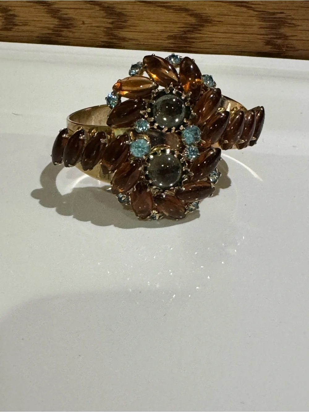 Rare Vtg Unsigned Alice Caviness Rootbeer Marquis & Aqua Clamp Bracelet
